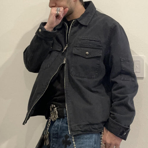 크롬하츠 워시 데님 대거 지퍼 재킷 블랙