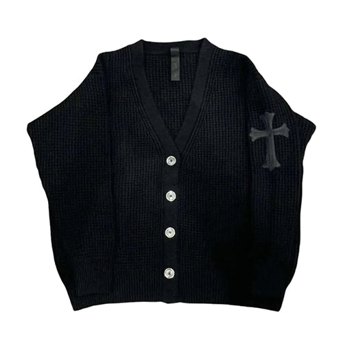 크롬하츠 크로스 패치 와플 니트 가디건 블랙