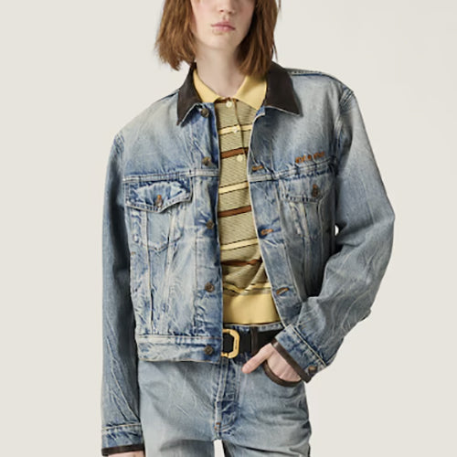 미우미우 데님 앤 가죽 블루종 자켓