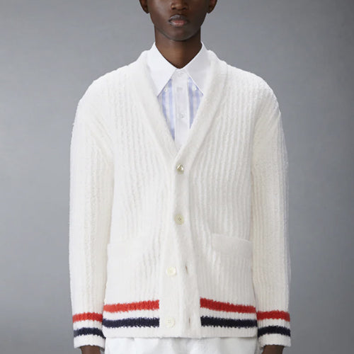 톰브라운 메리노 울 청키 스티치 브이넥 카디건 화이트